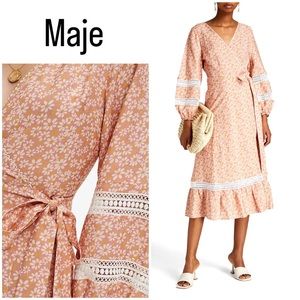 Maje ~ RESTELLA FLORAL-PRINT WOVEN MIDI WRAP DRESS IN ANTIQUE ROSE